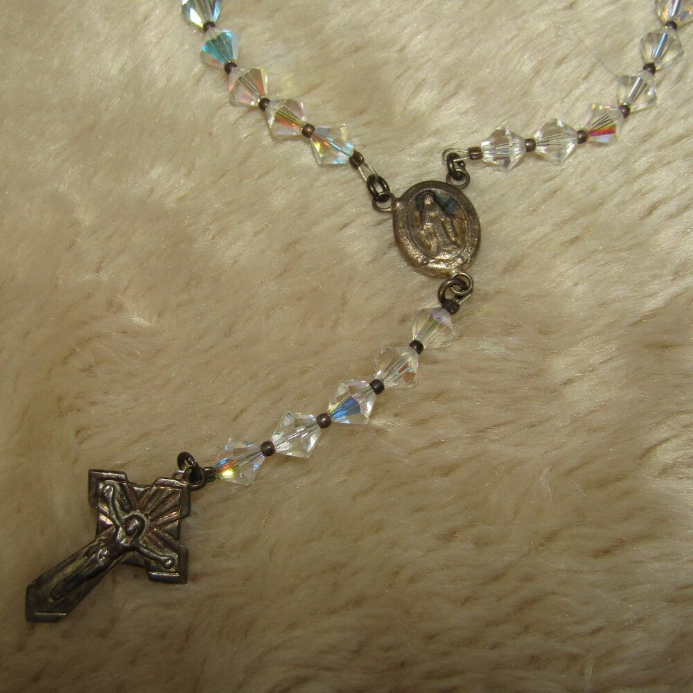 Vintage sterling silver and aurora borealis glass crystal rosary